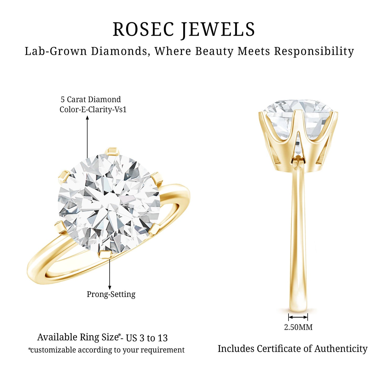 IGI Certified 5 Carat Lab Grown Diamond Solitaire Engagement Ring