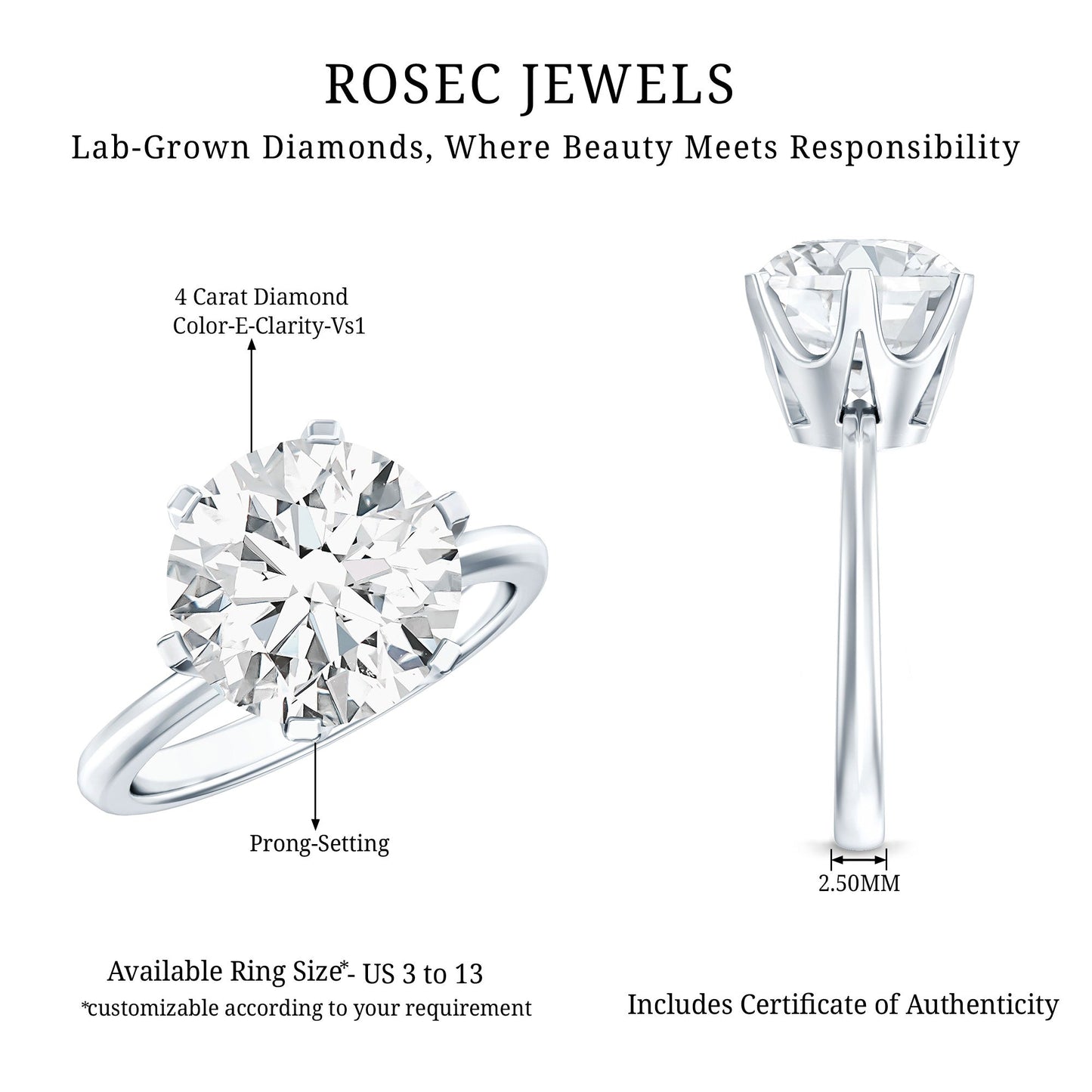 4 Carat Lab Created Diamond Solitaire Engagement Ring with IGI Certificate