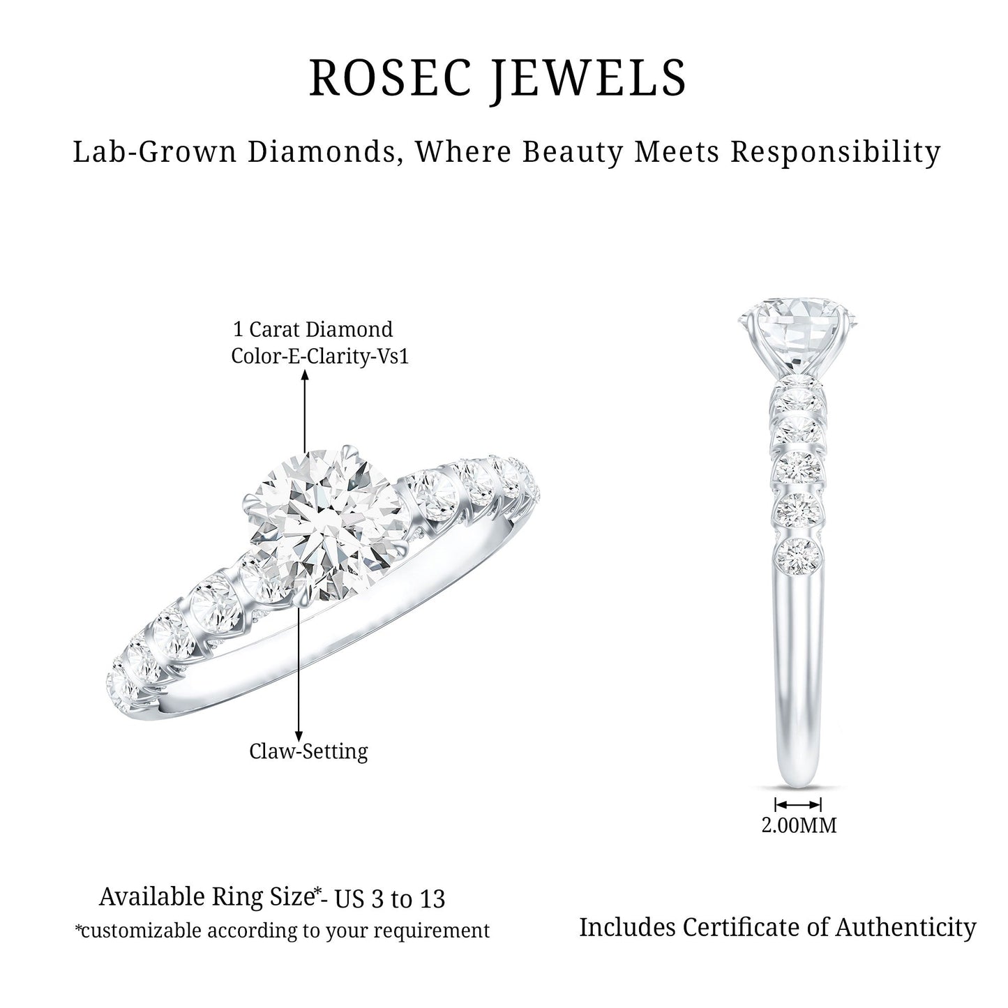 IGI Certified Round Lab Grown Diamond Side Stone Engagement Ring
