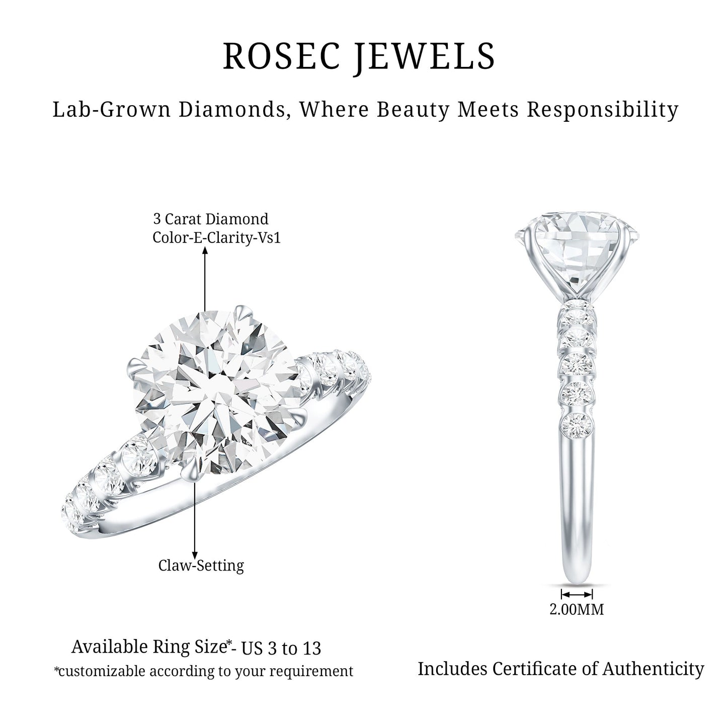 Round Cut 3 Carat Lab Grown Diamond Engagement Ring with IGI Certificate