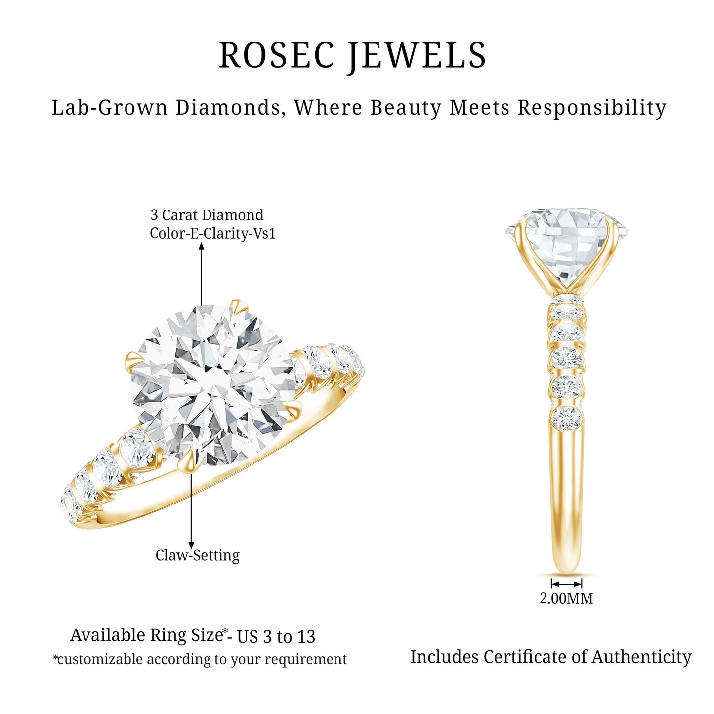Round Cut 3 Carat Lab Grown Diamond Engagement Ring with IGI Certificate