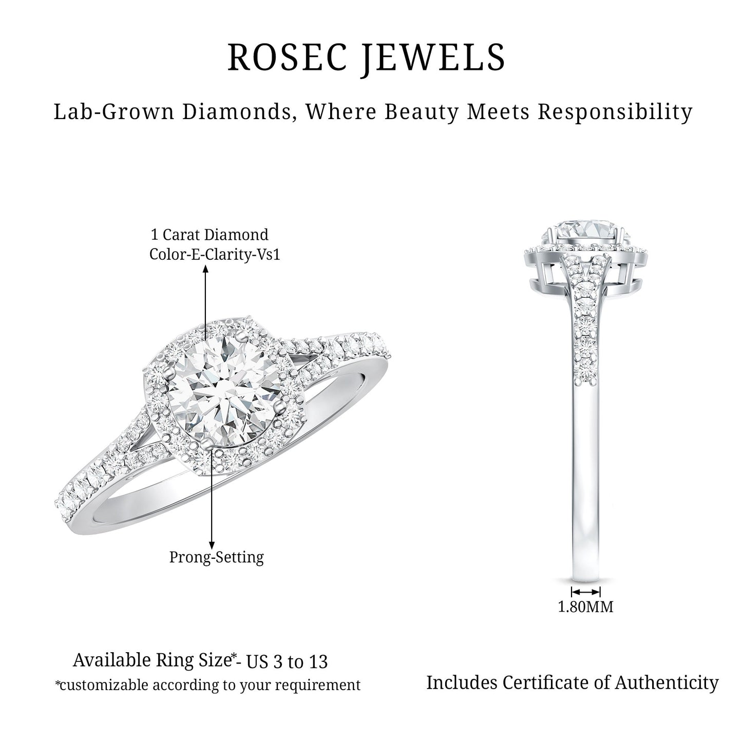 IGI Certified 1 Carat Lab Grown Diamond Halo Engagement Ring for Women