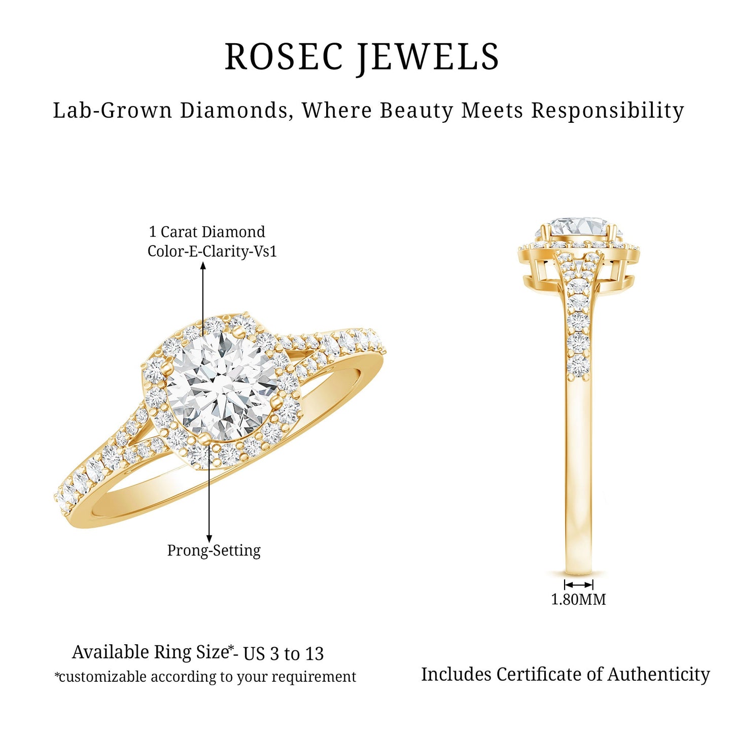 IGI Certified 1 Carat Lab Grown Diamond Halo Engagement Ring for Women