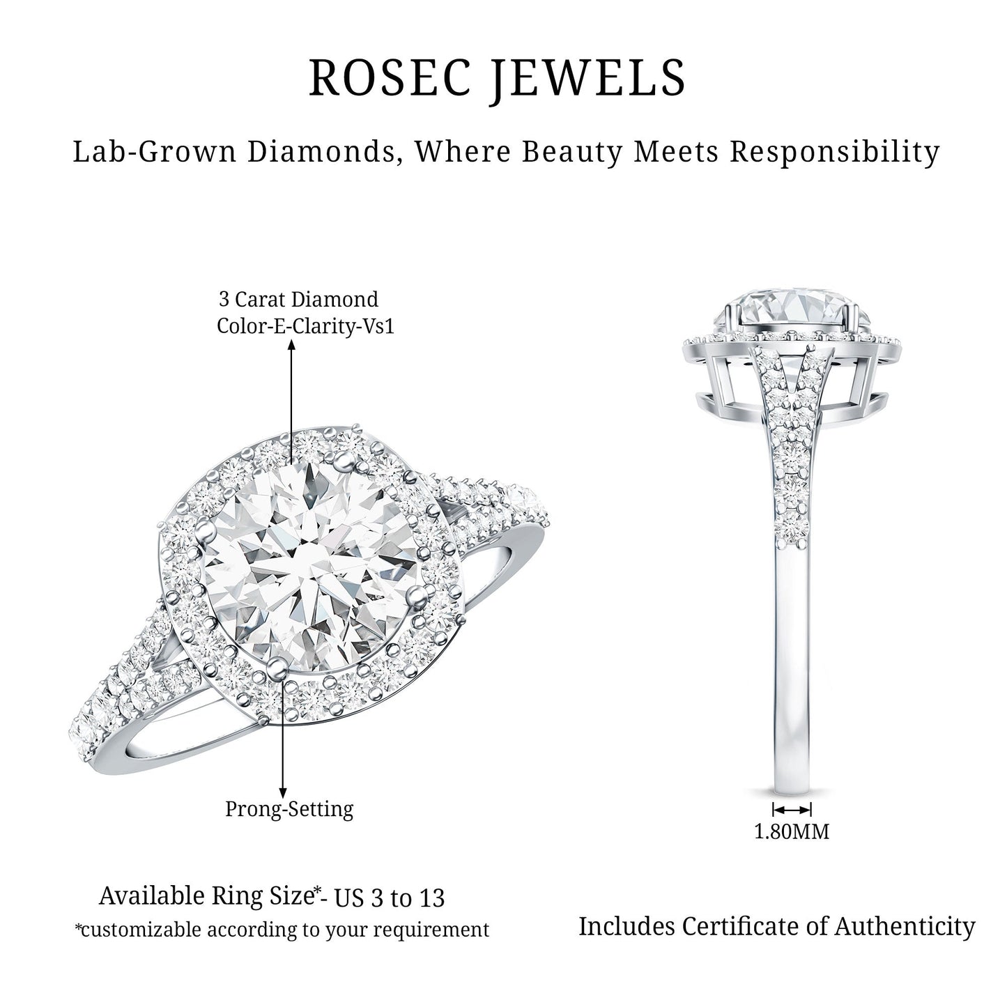 3 Carat Lab Grown Diamond Split Shank Engagement Ring with IGI Certificate