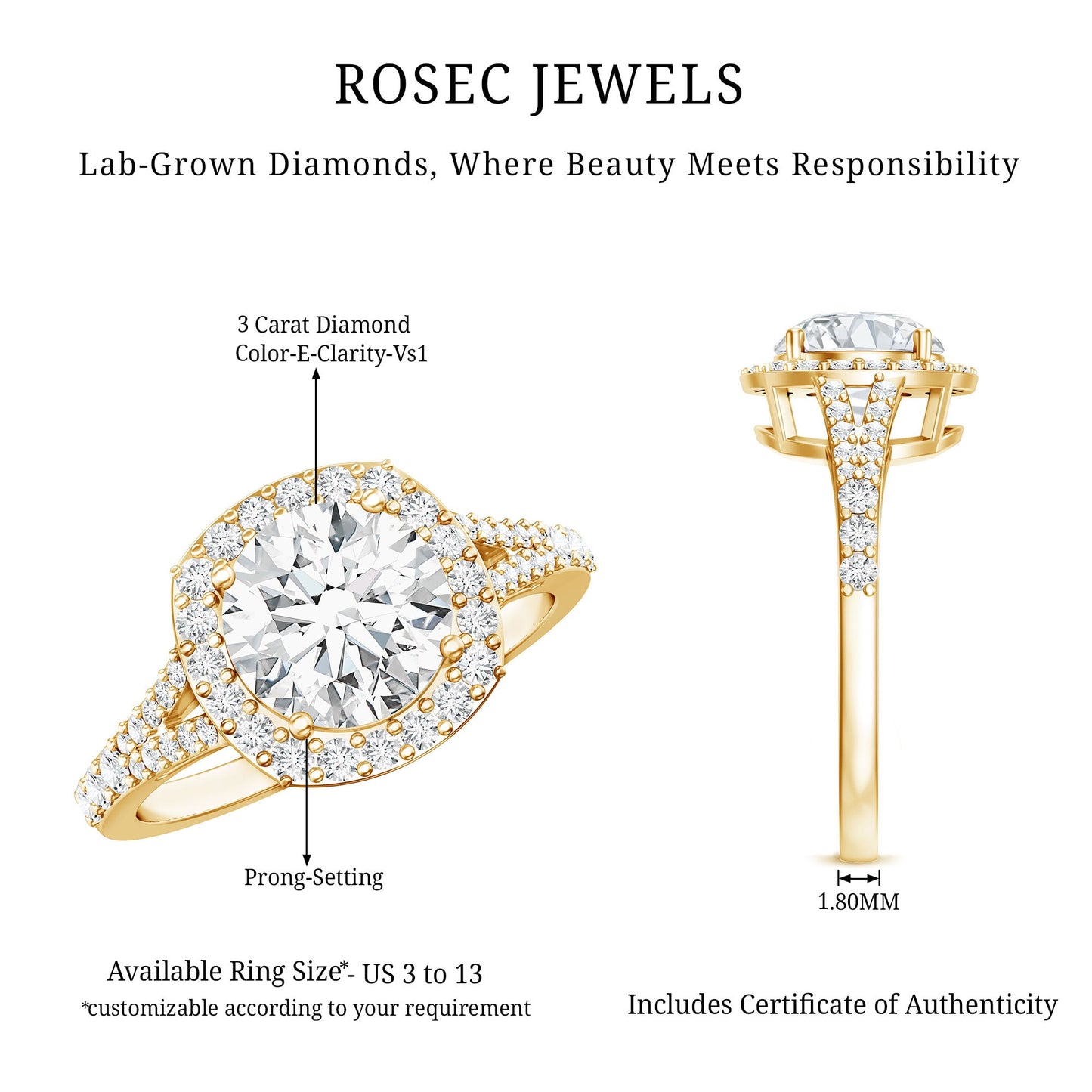 3 Carat Lab Grown Diamond Split Shank Engagement Ring with IGI Certificate