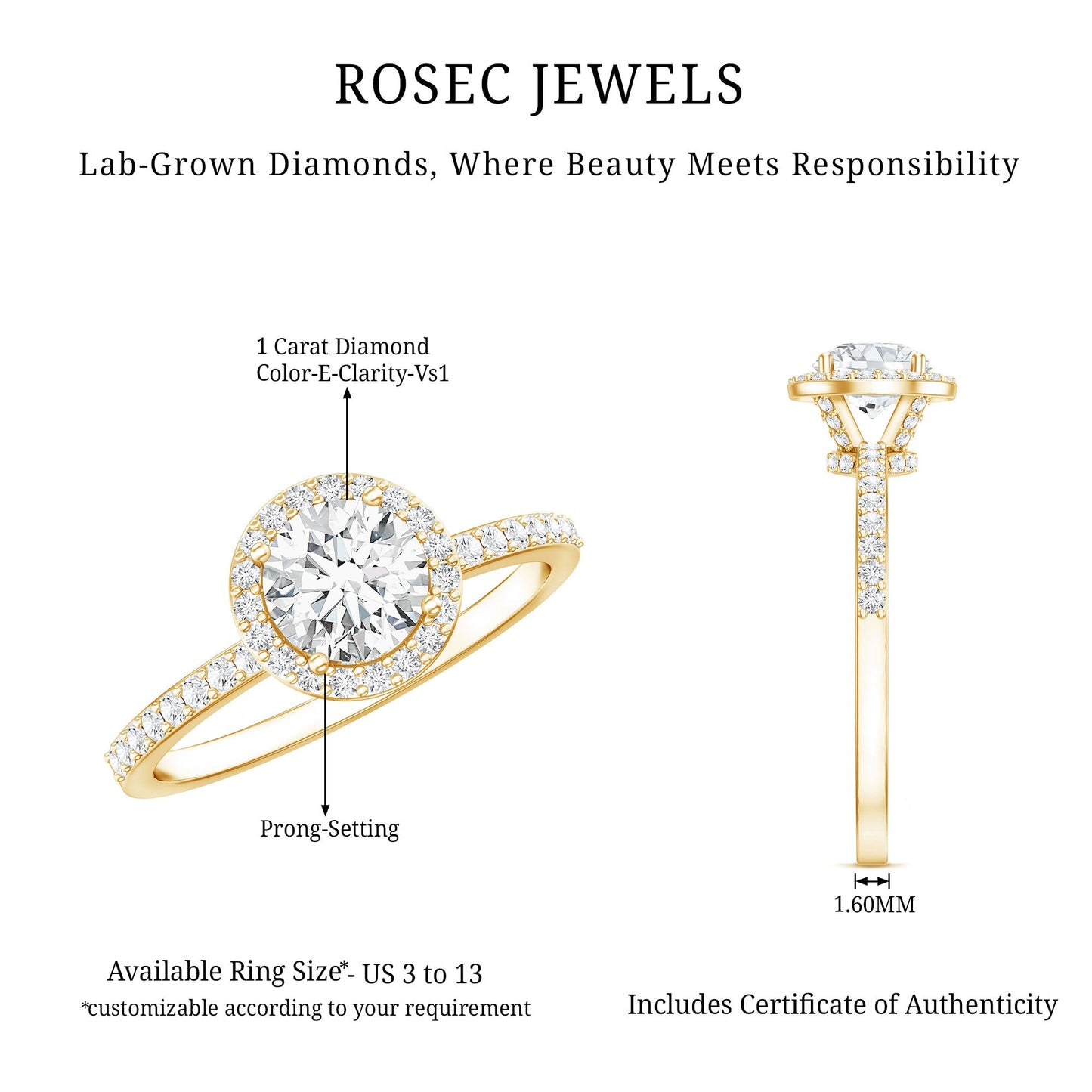IGI Certified 1 CT Lab Grown Diamond Round Engagement Ring