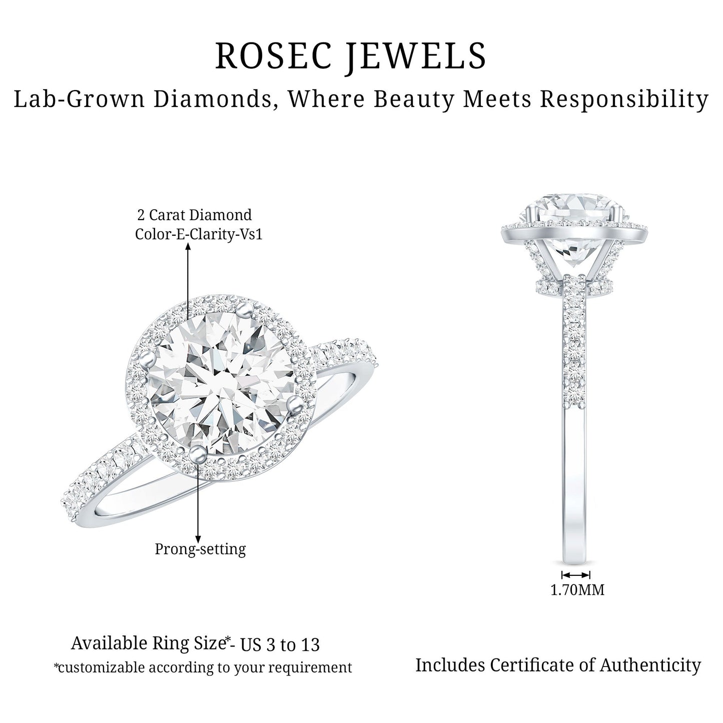 2 Carat Lab Grown Diamond Halo Engagement Ring with IGI Certificate