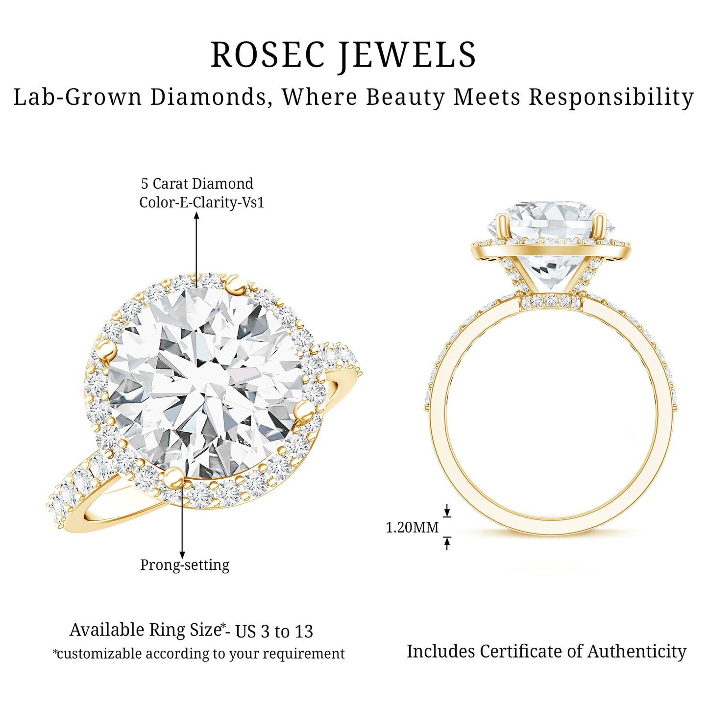 5 Carat Round Lab Grown Diamond Engagement Ring with IGI Certified