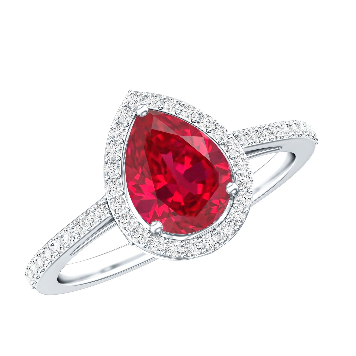 Pear Shape Lab Grown Ruby Teardrop Engagement Ring with Diamond Halo