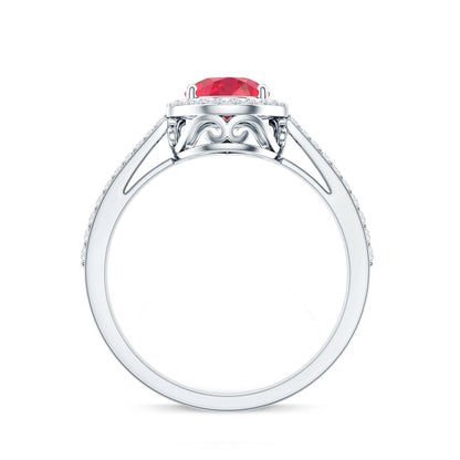 Pear Shape Lab Grown Ruby Teardrop Engagement Ring with Diamond Halo
