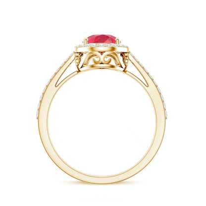 Pear Shape Lab Grown Ruby Teardrop Engagement Ring with Diamond Halo