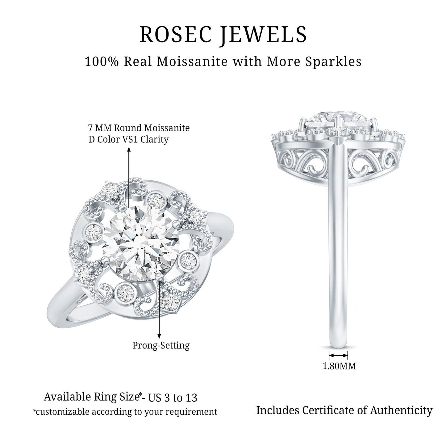 Moissanite Vintage Looking Engagement Ring with Certificate