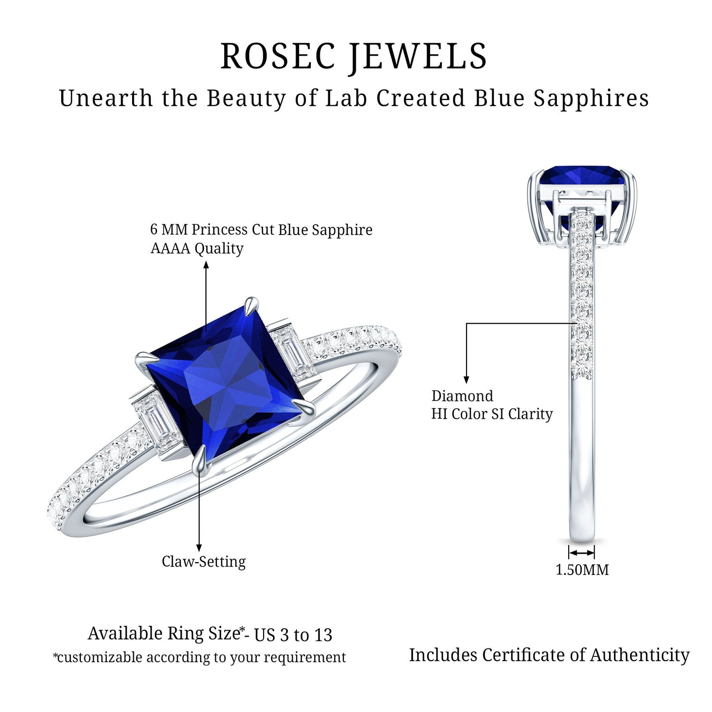 Certified 1.5 Carat Lab Blue Sapphire Princess Cut Engagement Ring with Diamond