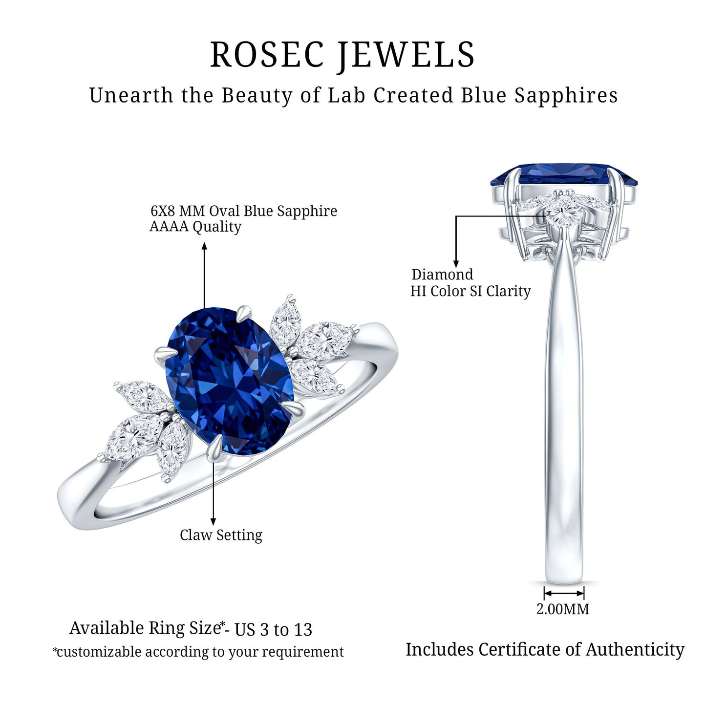 Certified 1.5 Carat Lab Grown Blue Sapphire Oval Engagement Ring with Diamond Trio