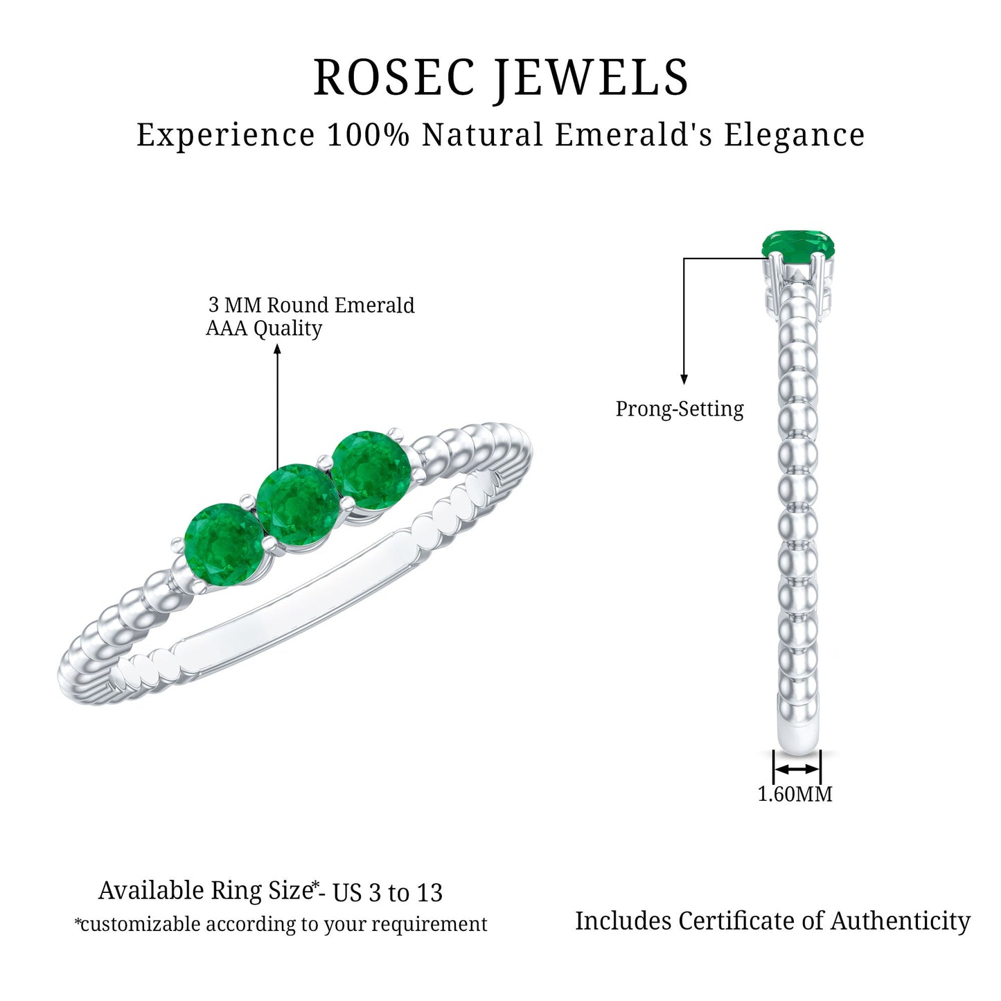 Certified Real Emerald 3 Stone Promise Ring with Beaded Detailing