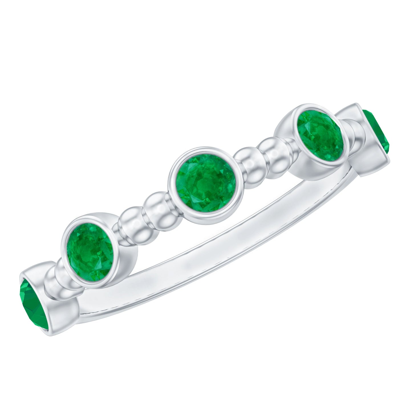Bezel Set Emerald Half Eternity Ring with Beaded Design
