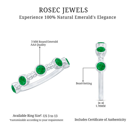 Bezel Set Emerald Half Eternity Ring with Beaded Design