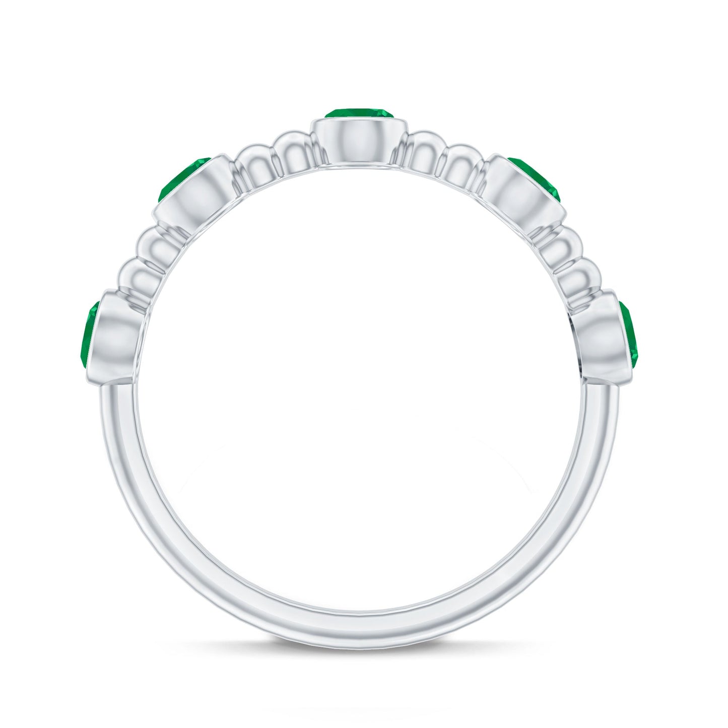 Bezel Set Emerald Half Eternity Ring with Beaded Design