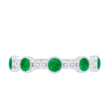 Bezel Set Emerald Half Eternity Ring with Beaded Design