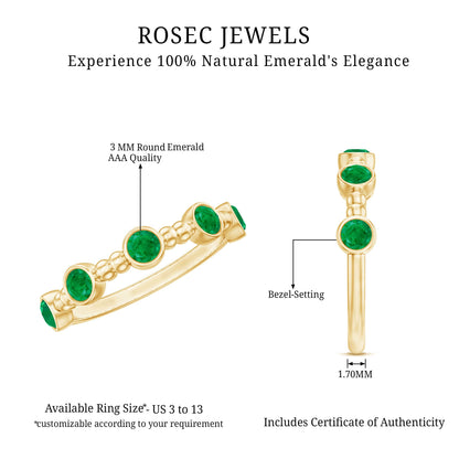 Bezel Set Emerald Half Eternity Ring with Beaded Design