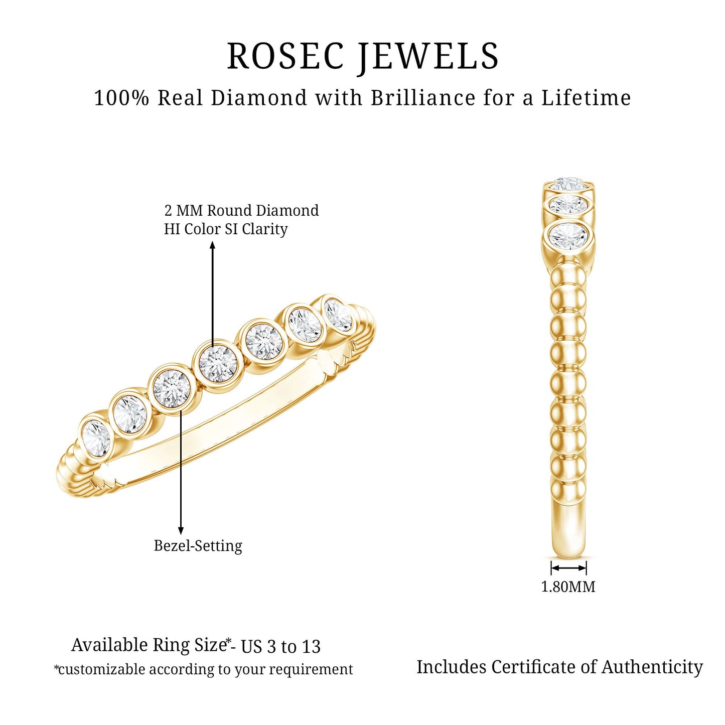 Bezel Set Round Diamond Half Eternity Ring