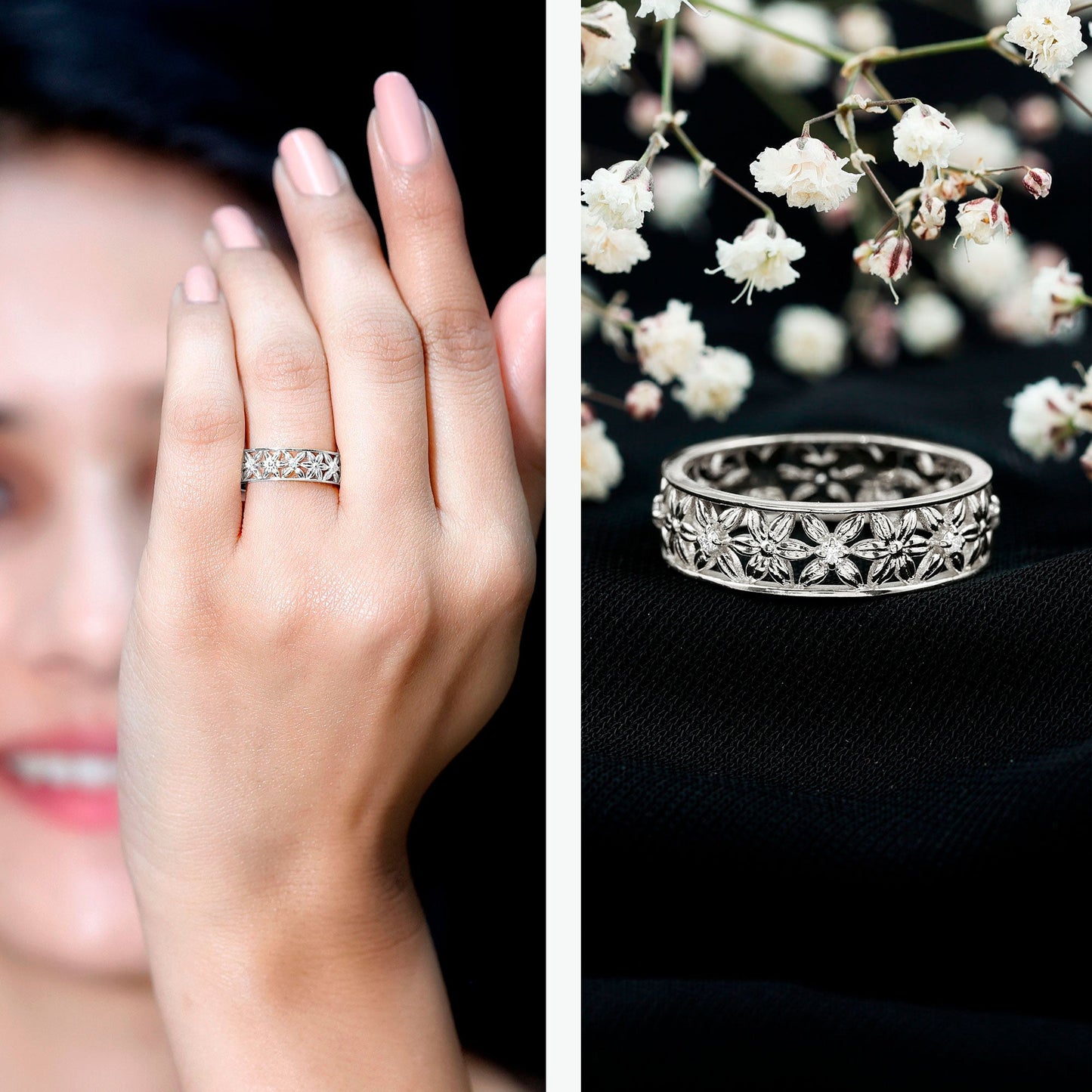 Real Diamond Flower Wedding Band for Women