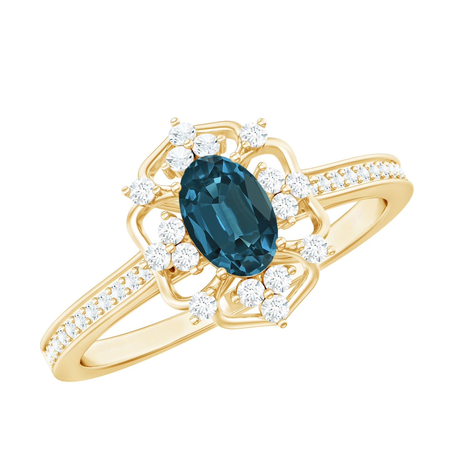 0.4 Carat Oval Cut London Blue Topaz Vintage Engagement Ring with Diamond