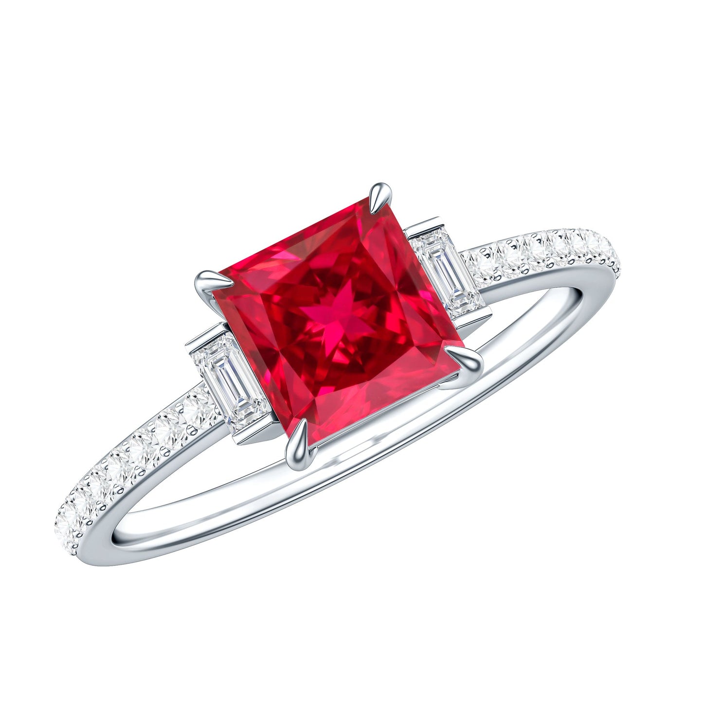 1.5 Carat Princess Cut Lab Created Ruby Engagement Ring With Diamond