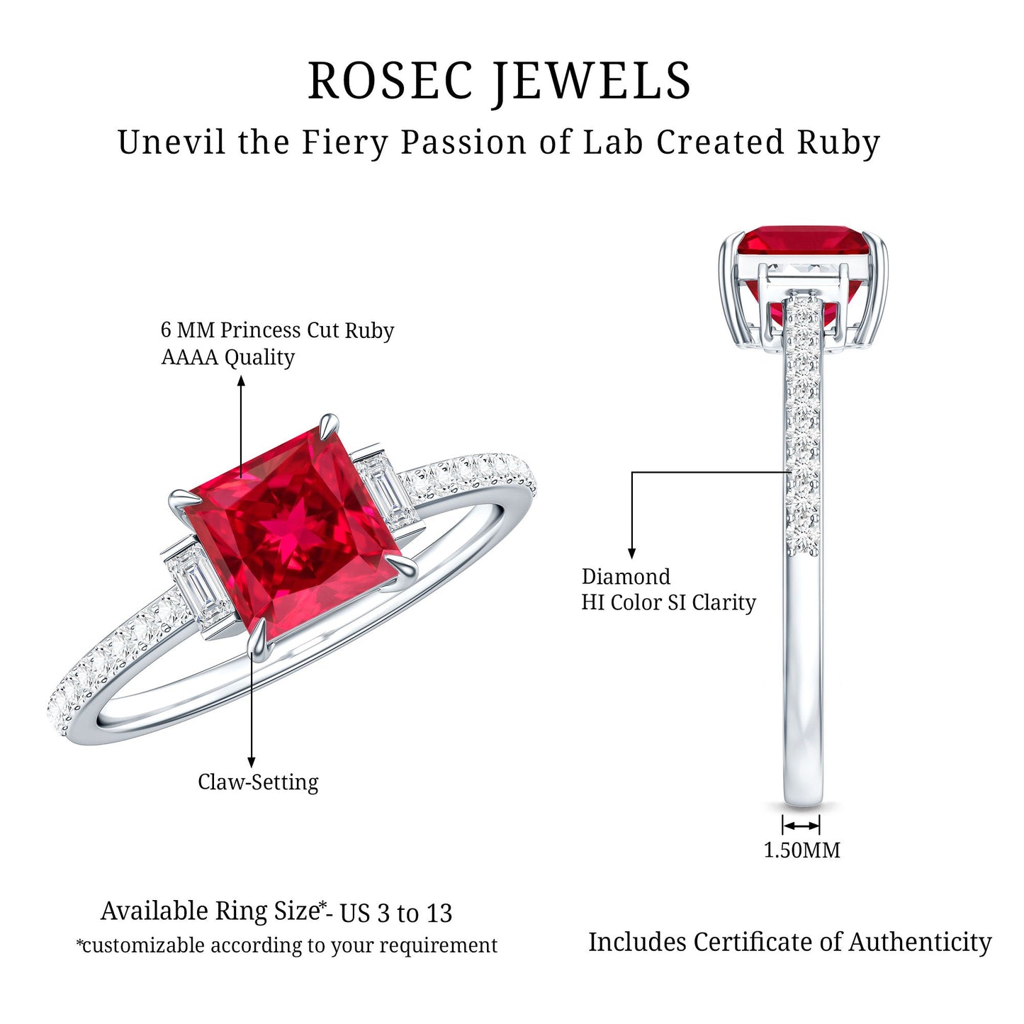 1.5 Carat Princess Cut Lab Created Ruby Engagement Ring With Diamond