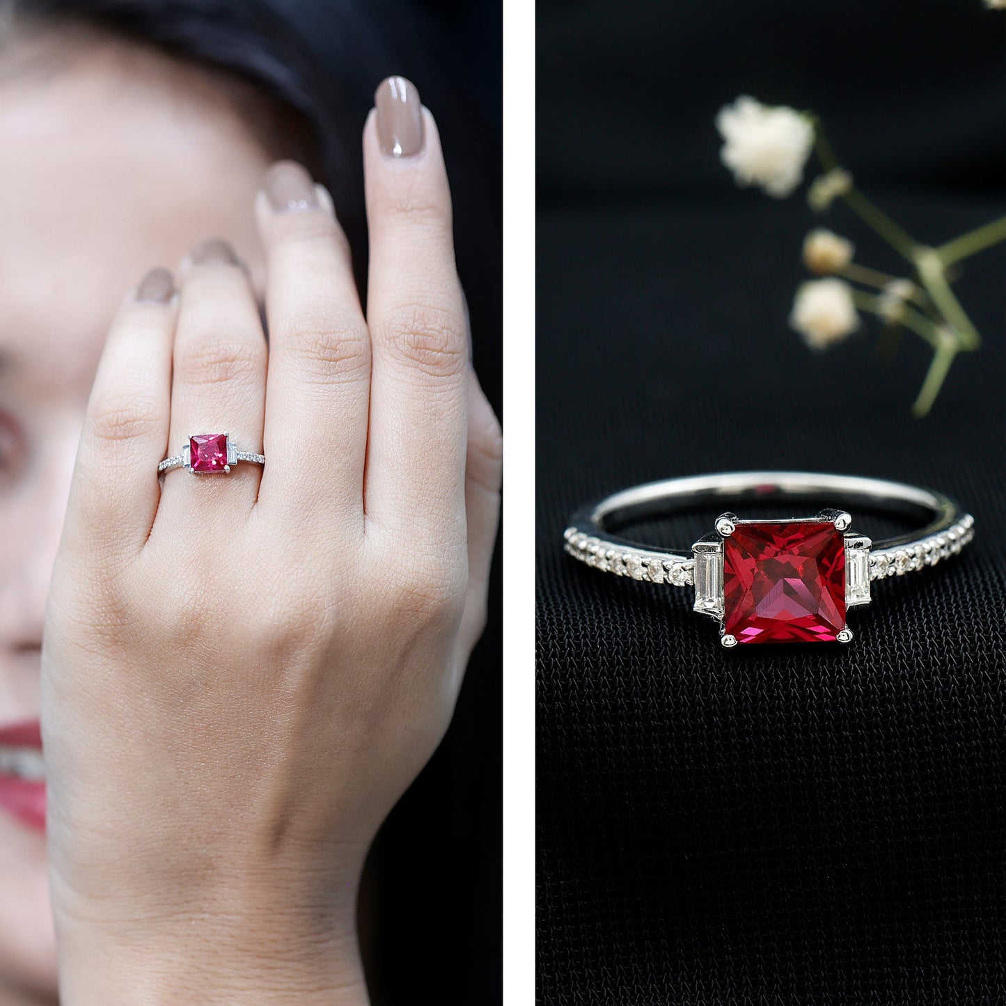 1.5 Carat Princess Cut Lab Created Ruby Engagement Ring With Diamond