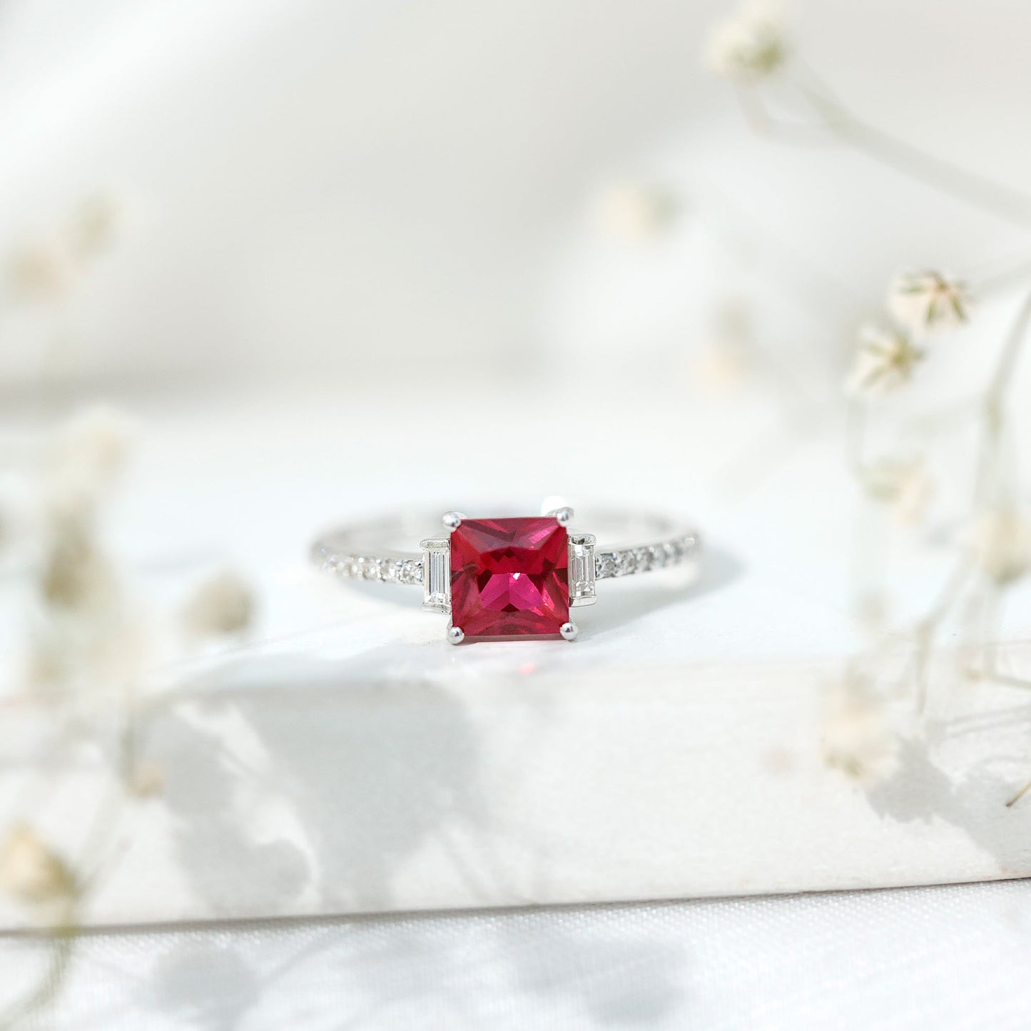 1.5 Carat Princess Cut Lab Created Ruby Engagement Ring With Diamond