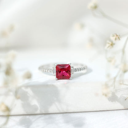 1.5 Carat Princess Cut Lab Created Ruby Engagement Ring With Diamond