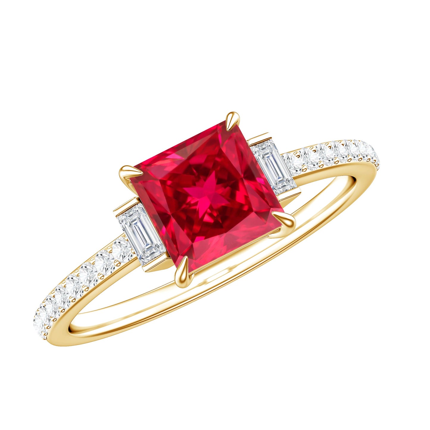 1.5 Carat Princess Cut Lab Created Ruby Engagement Ring With Diamond