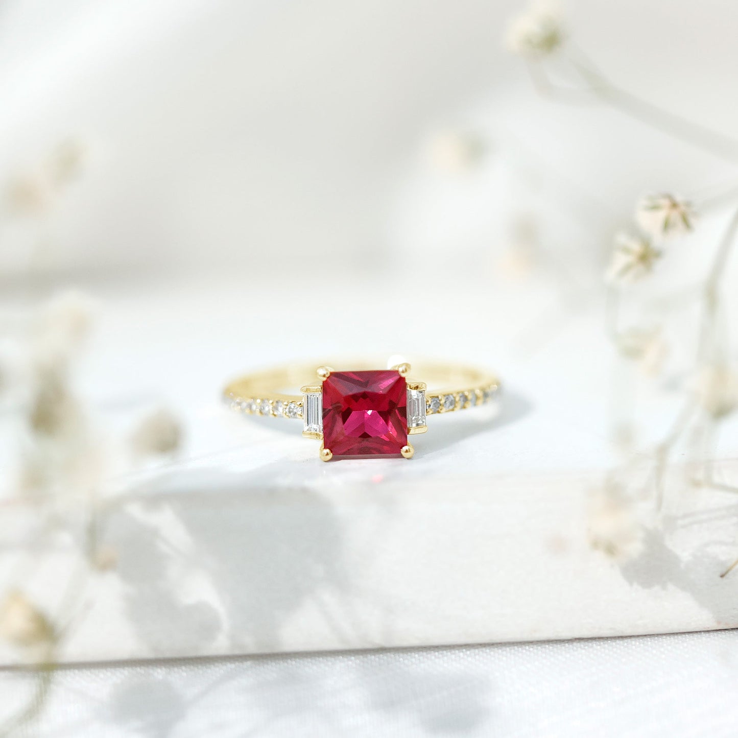 1.5 Carat Princess Cut Lab Created Ruby Engagement Ring With Diamond