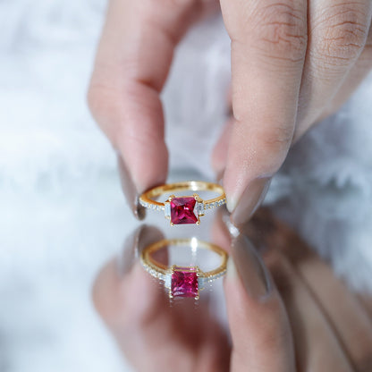 1.5 Carat Princess Cut Lab Created Ruby Engagement Ring With Diamond