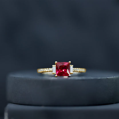 1.5 Carat Princess Cut Lab Created Ruby Engagement Ring With Diamond