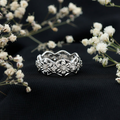 Natural Diamond Flower Wedding Band Ring With Certificate