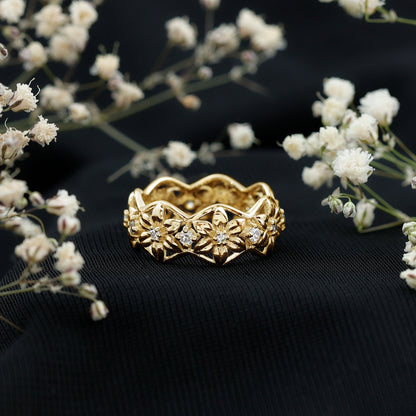 Natural Diamond Flower Wedding Band Ring With Certificate