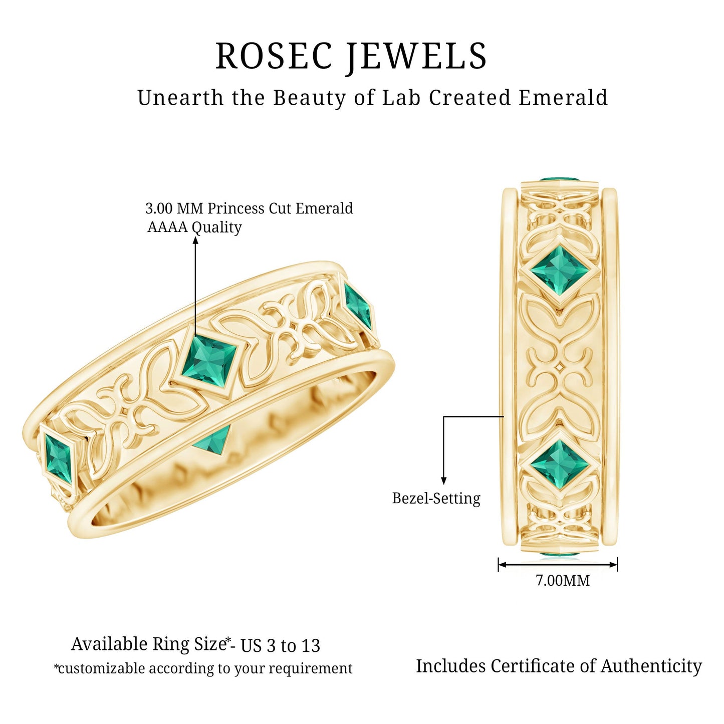 Princess Cut Lab Created Emerald Vintage Inspired Wedding Band