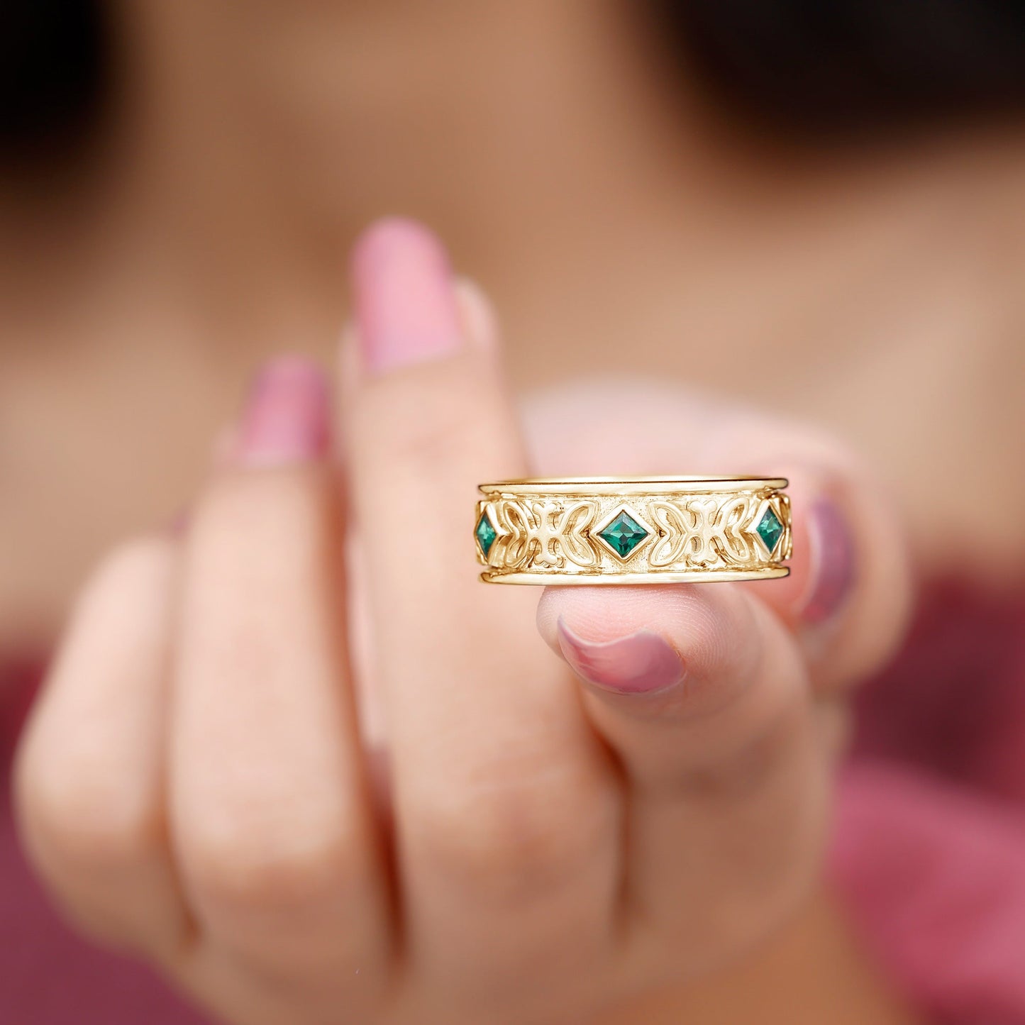 Princess Cut Lab Created Emerald Vintage Inspired Wedding Band