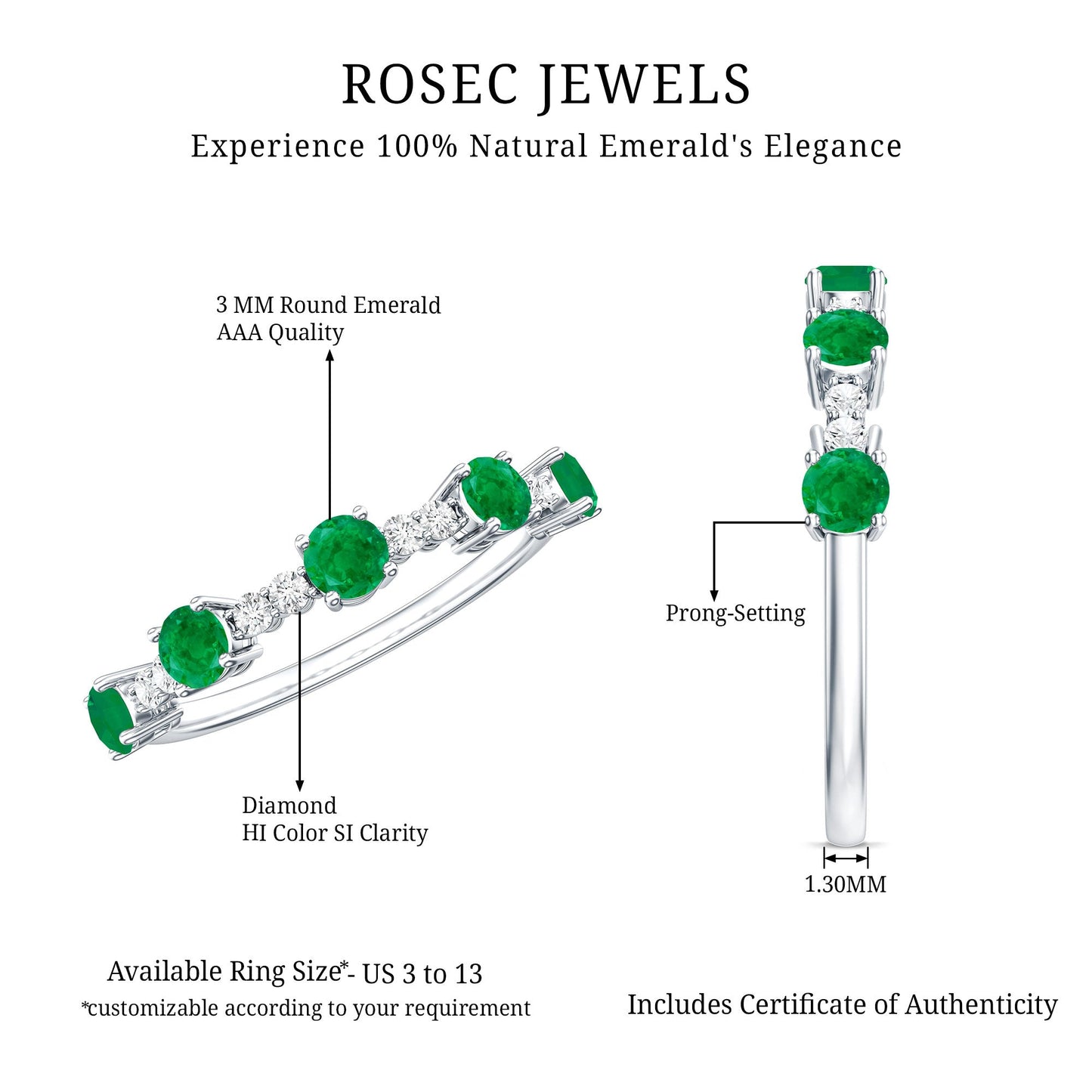 Real Emerald and Diamond Half Eternity Wedding Band Ring