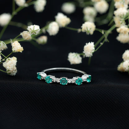 Real Emerald and Diamond Half Eternity Wedding Band Ring