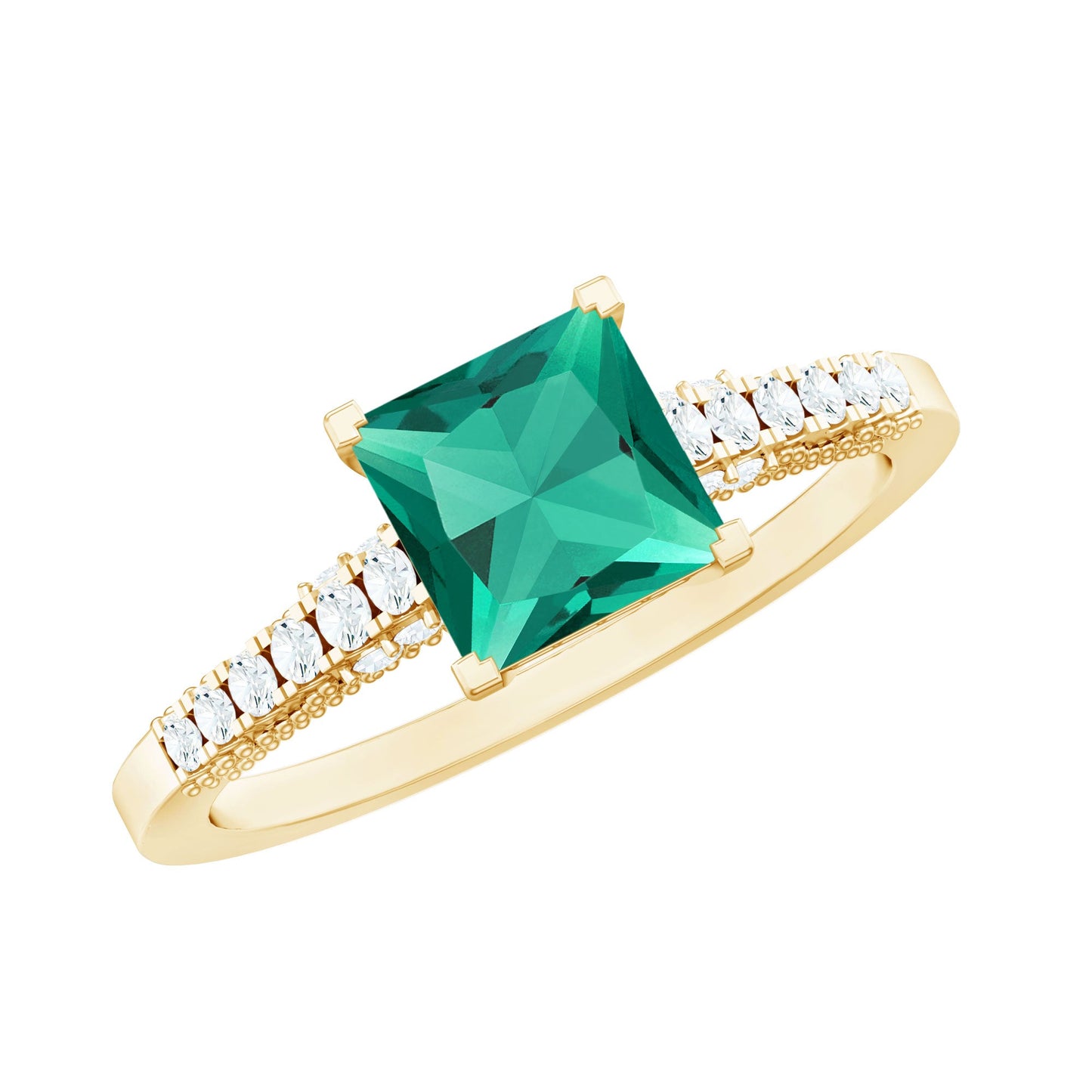 Princess Cut Lab Created Emerald Solitaire Ring with Diamond Side Stones