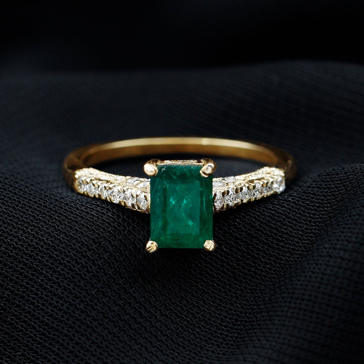 Vintage Inspired 1 Carat Emerald Cut Emerald Engagement Ring with Diamonds