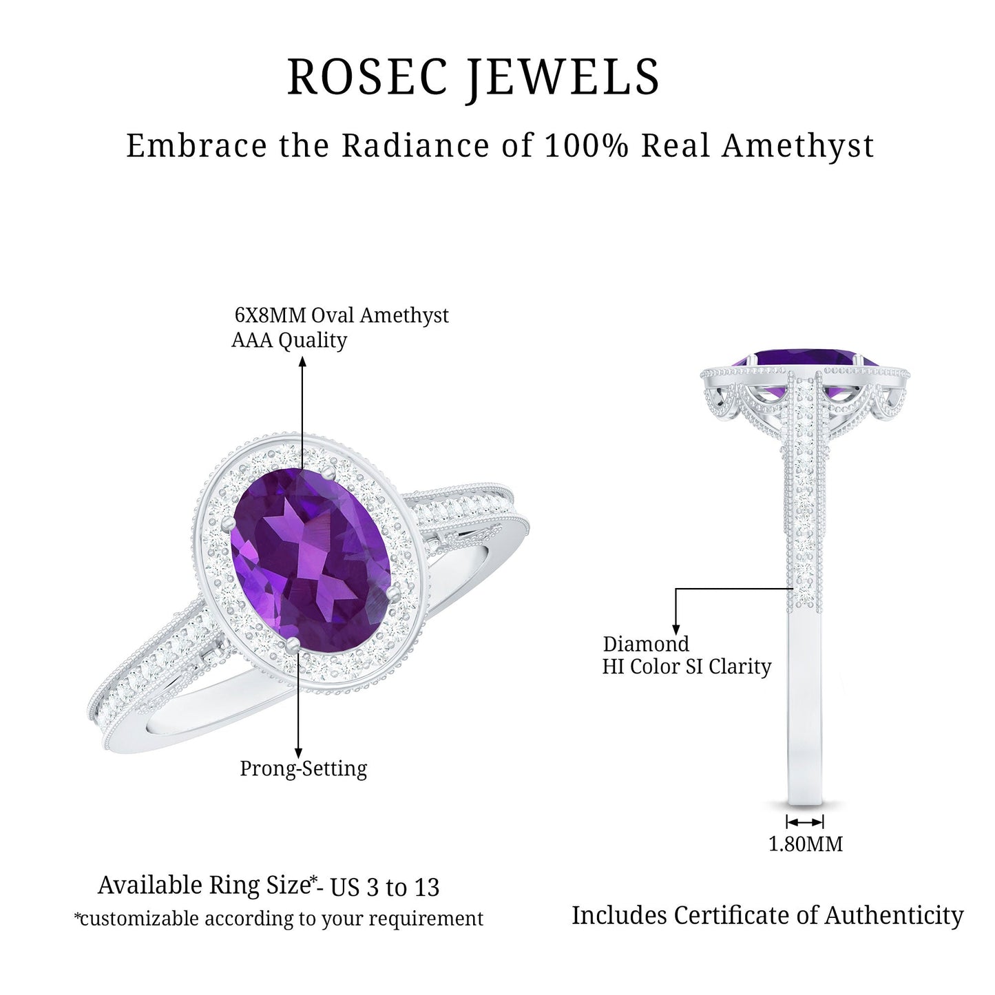 Vintage Style 1 Carat Amethyst Oval Engagement Ring with Diamond Halo