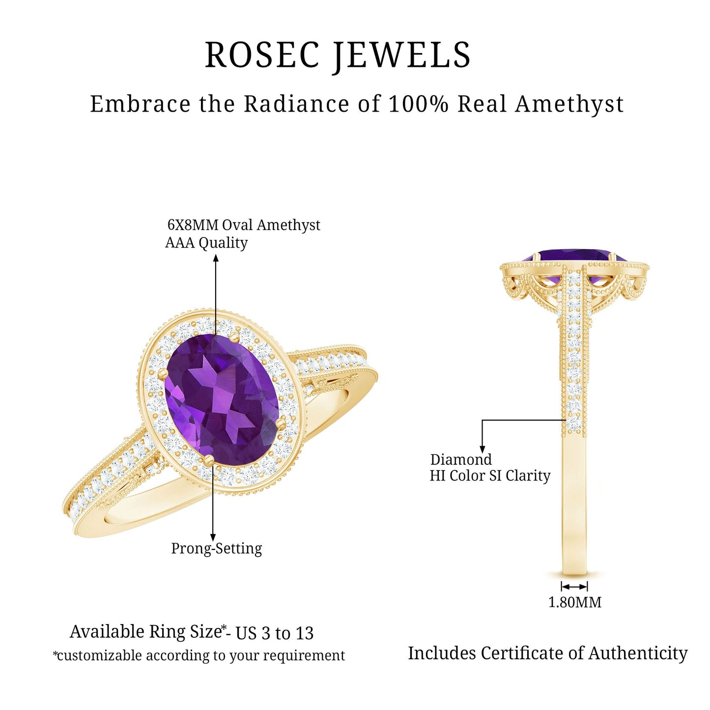 Vintage Style 1 Carat Amethyst Oval Engagement Ring with Diamond Halo