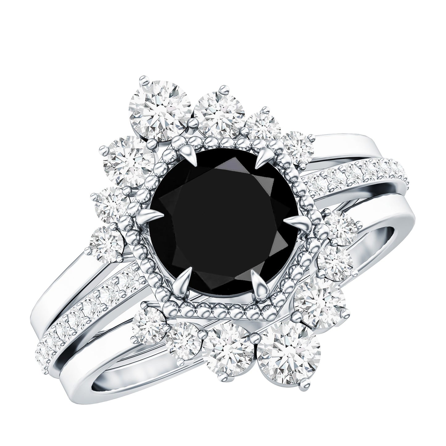 2.6 Carat Vintage Style Black Spinel 3 Piece Ring Set with Moissanite