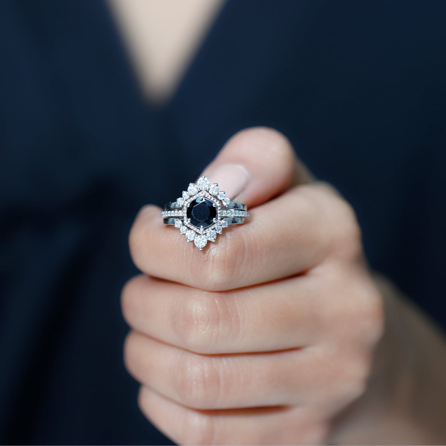 2.6 Carat Vintage Style Black Spinel 3 Piece Ring Set with Moissanite