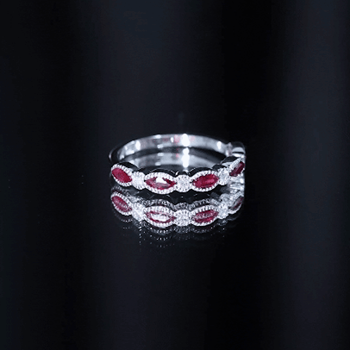 Certified Marquise Ruby Half Eternity Ring with Lab Diamond