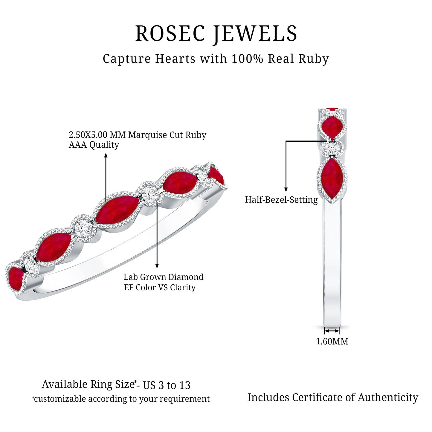 Certified Marquise Ruby Half Eternity Ring with Lab Diamond